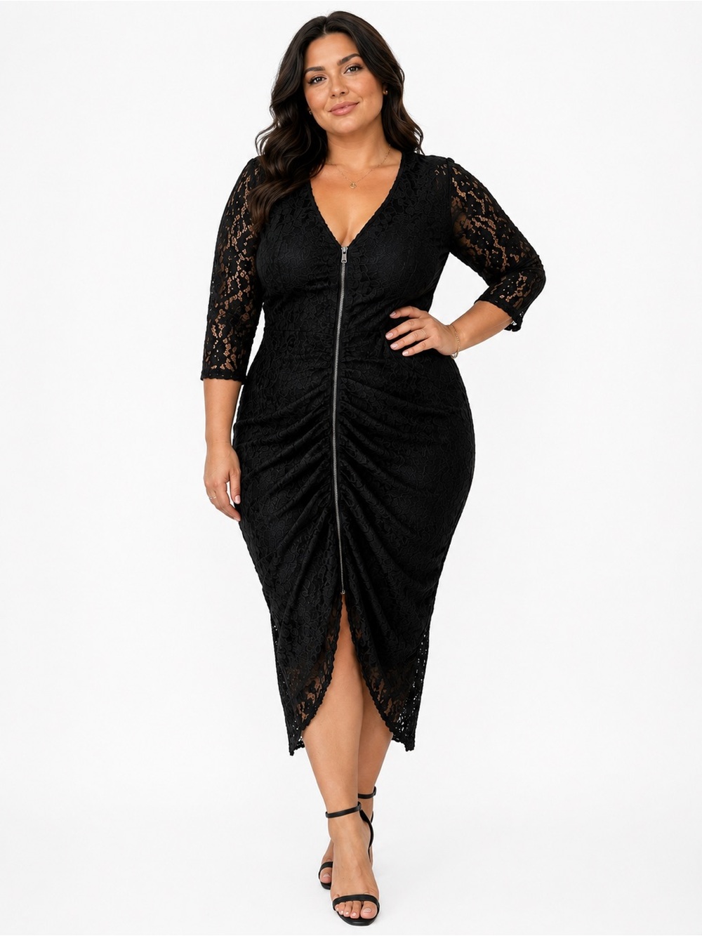 City Chic Black Lace Ruched Zip Front Midi Dress M/18 Plus Size